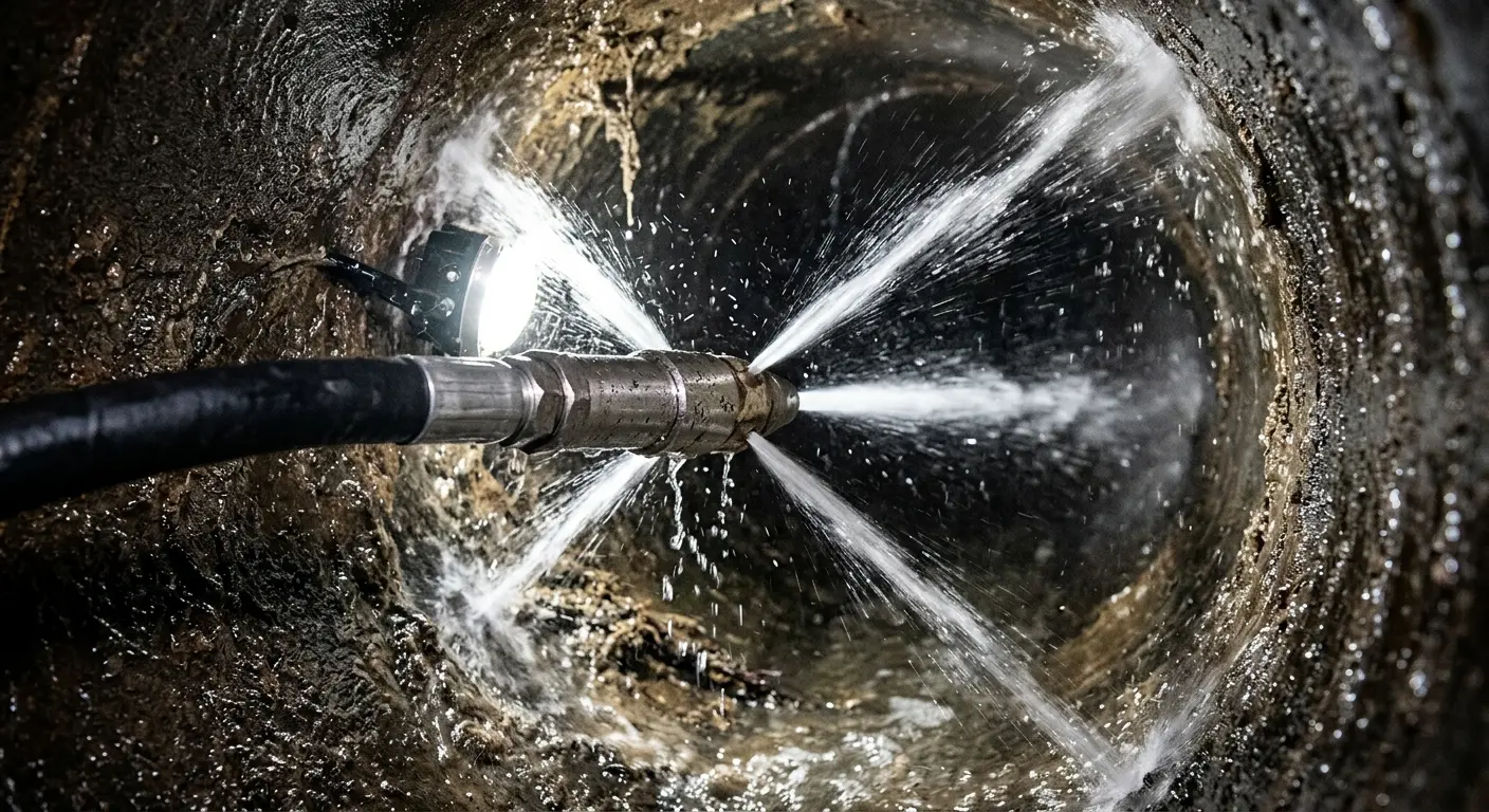 High-pressure hydro jetting nozzle cleaning sewer pipe for Sewer Cleanout in Watertown