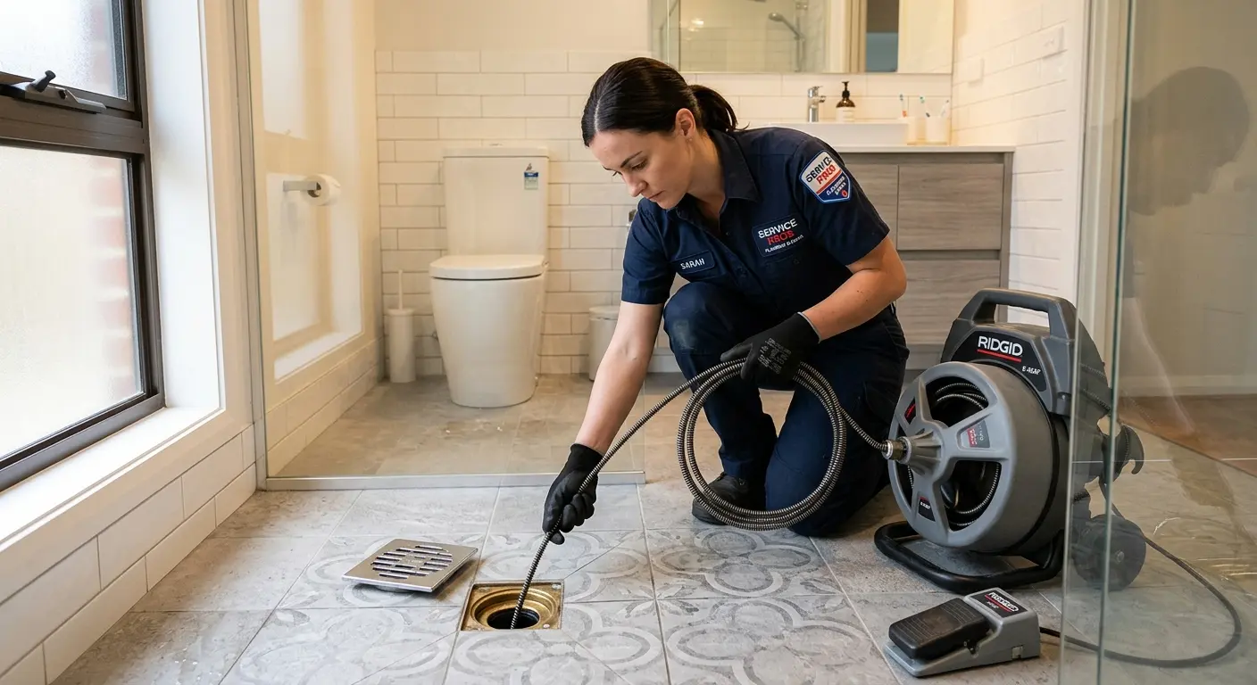 Technician clearing a bathroom floor drain for Drain Cleaning in Watertown